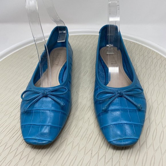 Schutz Teal Ballet Flats Size 7 Turquoise Blue Leather Shoes Bow Square Toe - Picture 2 of 10